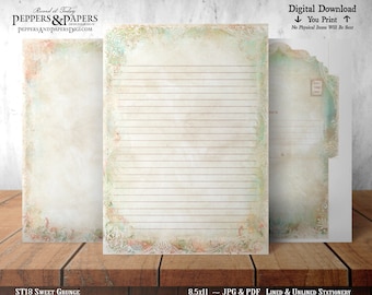 Afdrukbaar briefpapier, afdrukbare briefpapierset, voor scrapbooking, journaling, brieven schrijven, 8,5 x 11, gevoerd en ongevoerd, ST18 bloemen-grunge