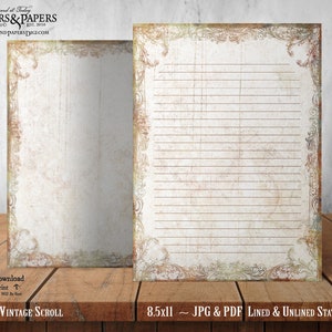 Printable Writing Paper, Printable Stationery Set, For Scrapbooking, Journaling, letter writing, 8.5x11 Lined & Unlined, ST11 Vintage Scroll