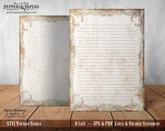 Printable Writing Paper, Printable Stationery Set, For Scrapbooking, Journaling, letter writing, 8.5x11 Lined & Unlined, ST11 Vintage Scroll