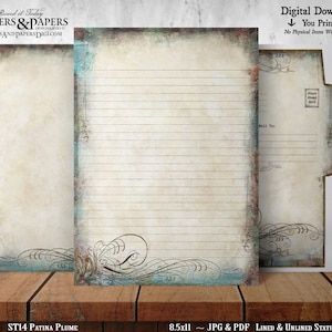 May include: A digital download of lined and unlined stationery featuring a vintage, distressed background with blue and brown accents. The design includes a decorative flourish in the bottom corner. The stationery is 8.5 inches by 11 inches and is available in JPG and PDF formats.