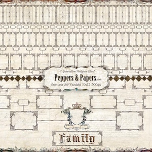 May include: A printable 7-generation family tree chart with a decorative border and a crest at the bottom. The chart is designed for color and black and white printing and measures 19x13 inches.