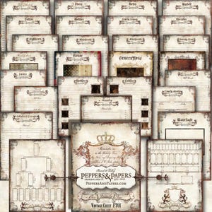 May include: A collection of vintage-style family tree templates and genealogy forms. The designs feature aged paper textures, ornate borders, and various headings like "Father," "Mother," and "Generations." The central image includes text: "Remember me in the Family Tree."
