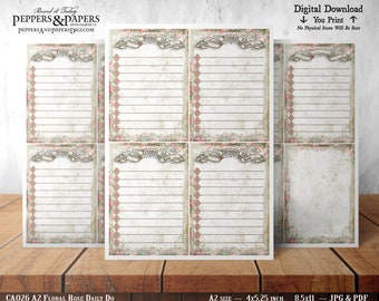 Puede incluir: Páginas de planificador diario imprimibles de tamaño A2 con un diseño de rosa floral. Cada página tiene un título de día de la semana diferente, de lunes a domingo. Las páginas están diseñadas para imprimirse en papel de 4x5,25 pulgadas y están disponibles en formatos JPG y PDF.