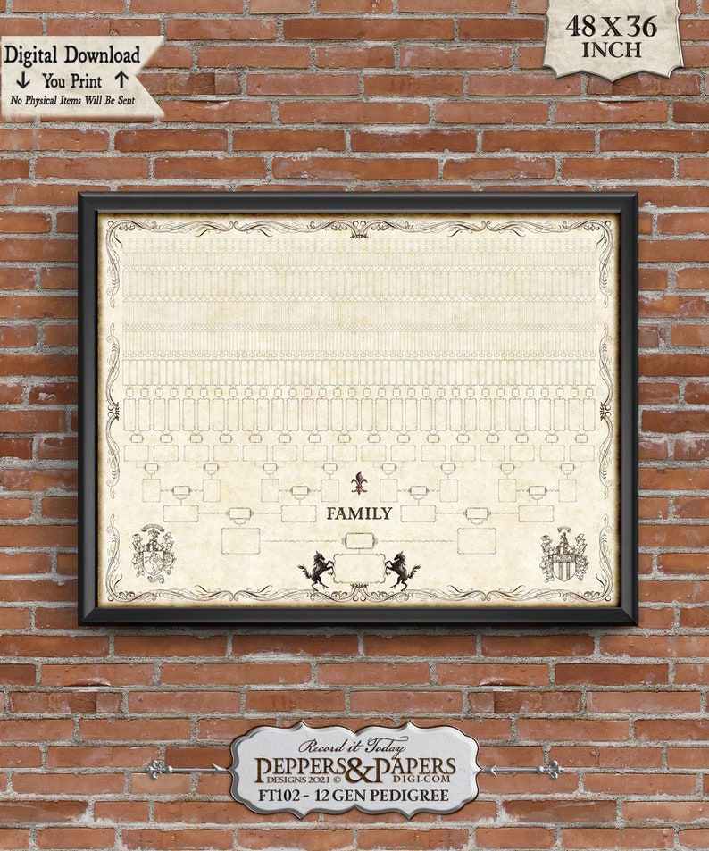 Family Tree Chart, 12 Generation Pedigree, YOU PRINT, 48x36, Genealogy Gift, Ancestry Poster, Family Records, Ahnentafel Chart, FT102 image 1