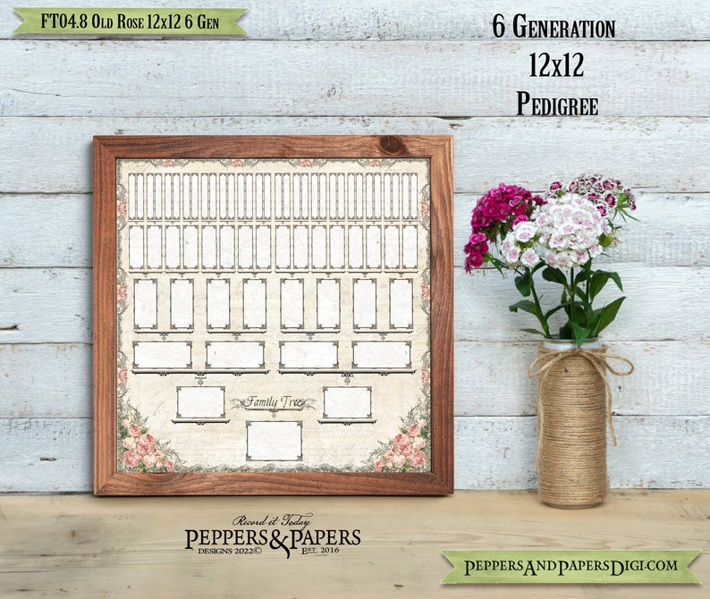 May include: A printable 12x12 inch, 6 generation family tree chart with a vintage floral design. The chart is framed in a brown wood frame and has a light brown background with a white border. The chart is titled "Family Tree" and has spaces for names and dates. The chart is perfect for recording your family history.