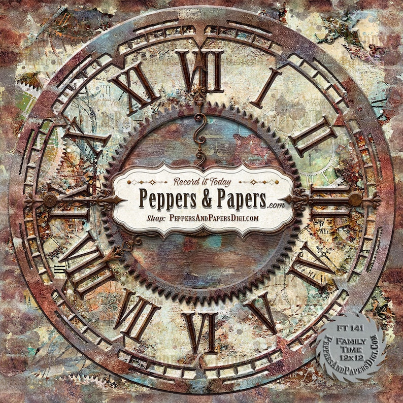 mixed media art\u2013 FT141 Family Time 10 textured digital backgrounds for scrapbooking distressed watercolor Clock backgrounds 12x12