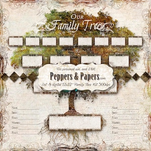 May include: A printable family tree template with a rustic, vintage design. The template features a large tree with branches and leaves, and spaces for names, birth dates, and other information. The text "Our Family Tree" is at the top of the template, and the text "Peppers & Papers.com" is at the bottom. The template is designed for personal use and is available in a set of 8 digital 12x12 inch files at 300 dpi.