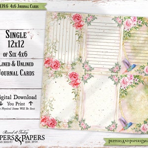 May include: A digital download of six 4x6 inch journal cards, featuring a floral design with pink roses, green leaves, and a hummingbird. The cards are both lined and unlined, and are perfect for journaling, scrapbooking, or card making.
