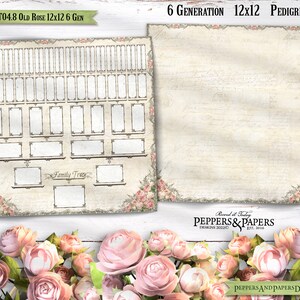 May include: A printable 12x12 inch, 6 generation family tree chart with a vintage floral design. The chart has a light beige background with a rose border and a family tree graphic. The text "FT04.8 Old Rose 12x12 6 Gen" is at the top of the chart. The text "6 Generation 12x12 Pedigree" is at the top of the chart. The text "Family Tree" is at the bottom of the chart. The text "Record it Today Peppers & Papers Designs 2022 Est. 2016 PeppersandPapersDigi.com" is at the bottom of the chart.