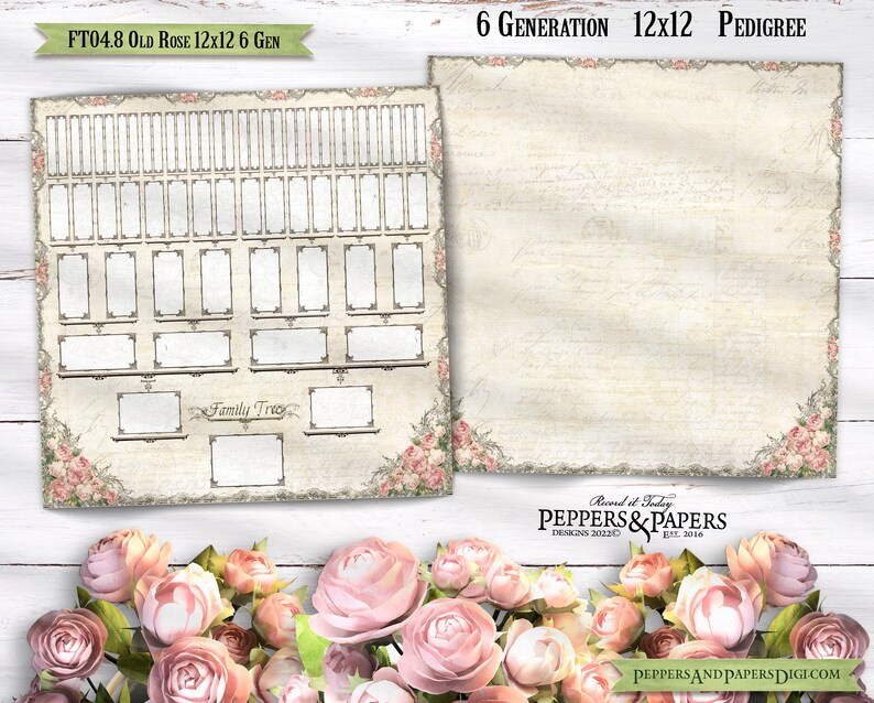 May include: A printable 12x12 inch, 6 generation family tree chart with a vintage floral design. The chart has a light beige background with a rose border and a family tree graphic. The text "FT04.8 Old Rose 12x12 6 Gen" is at the top of the chart. The text "6 Generation 12x12 Pedigree" is at the top of the chart. The text "Family Tree" is at the bottom of the chart. The text "Record it Today Peppers & Papers Designs 2022 Est. 2016 PeppersandPapersDigi.com" is at the bottom of the chart.