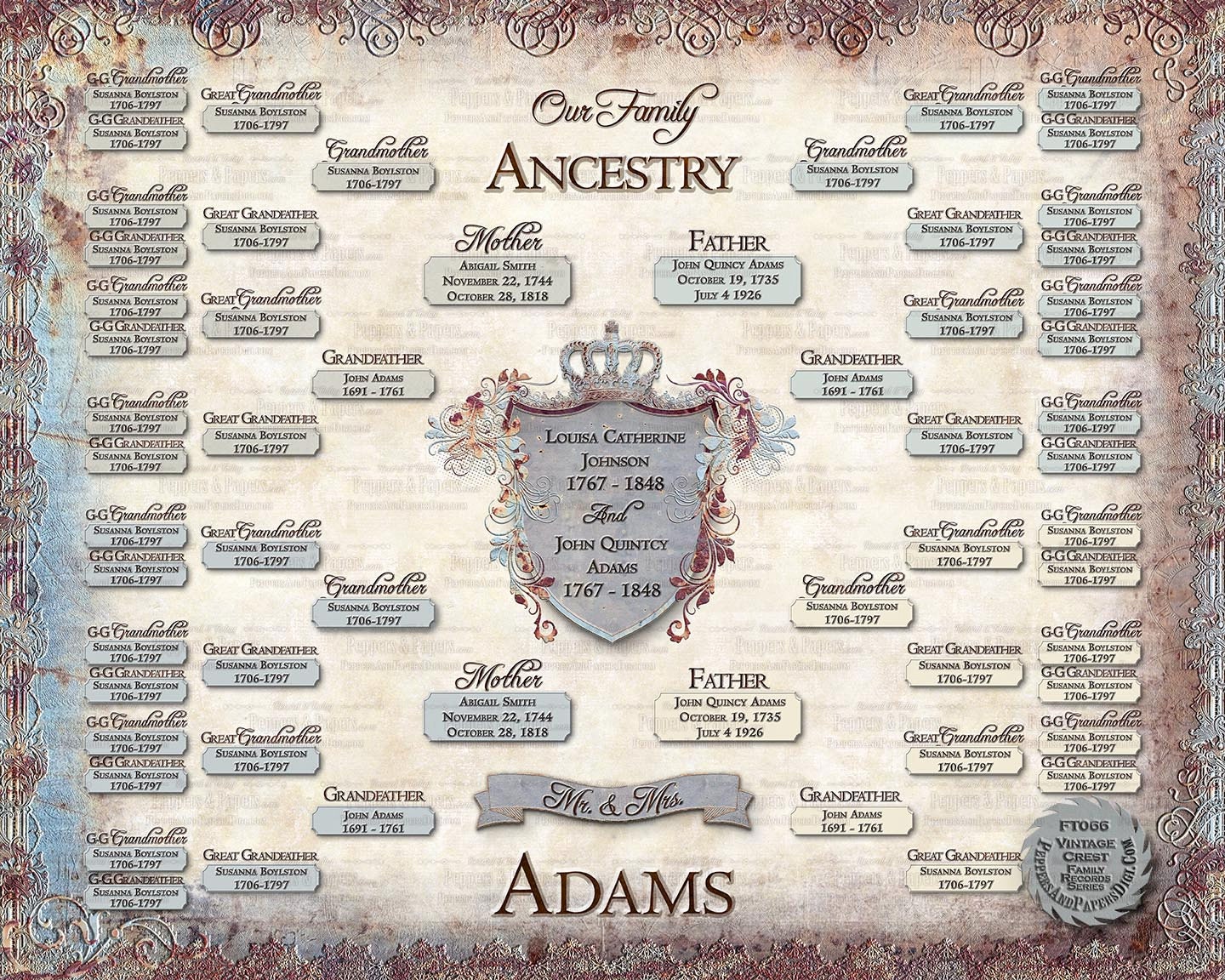 Family Tree, YOU PRINT, Poster Template, Ancestry Gift, 16x20 Genealogy Chart - FT066 Vintage Crest