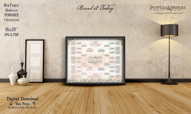 Family Tree Hourglass Pedigree, YOU PRINT, Editable Ancestry Chart, Customizable, 5 Generation Ancestry Gift, 16x20 Genealogy Chart, FT106 image 5