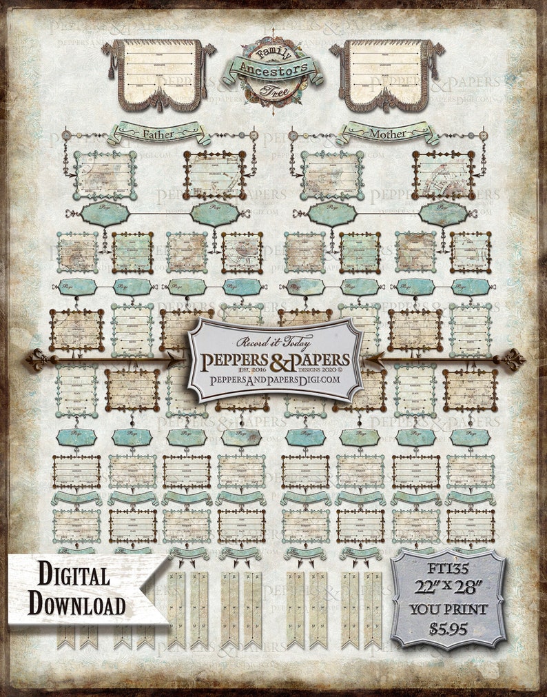 6 to 9 Generation Family Tree Pedigree, YOU PRINT 22x28 inch unique custom ancestry poster for mom and dad, a fun DIY gift for family, FT135 image 2