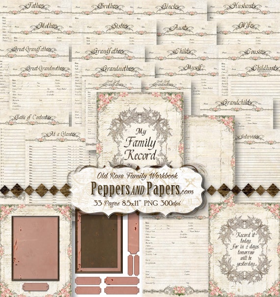 family tree workbook 8 5x11 33 pages ancestry printable scrapbooking records journaling family organizer old rose family family tree organizer