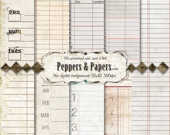 Vintage Journal Ledgers- 10 - 12x12 lined backgrounds for journaling scapbooking, mixed media art, printable – Records Department