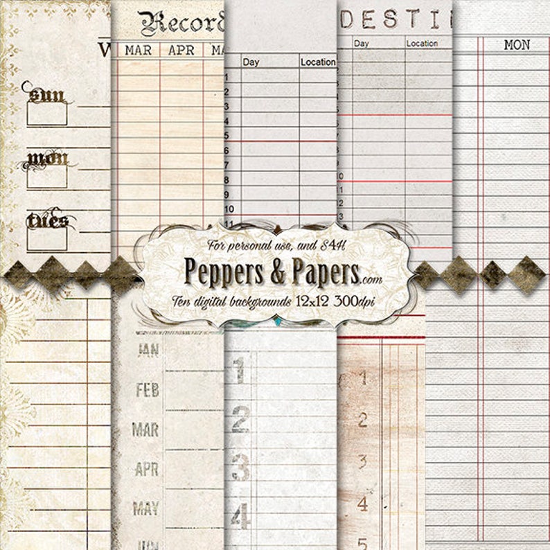Vintage Journal Ledgers 10 12x12 lined backgrounds for journaling scapbooking, mixed media art, printable Records Department image 1