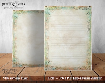 Printable Writing Paper, Printable Stationery Set for Scrapbooking, Journaling, letter writing, 8.5x11 Lined & Unlined, ST16 Victorian Frame