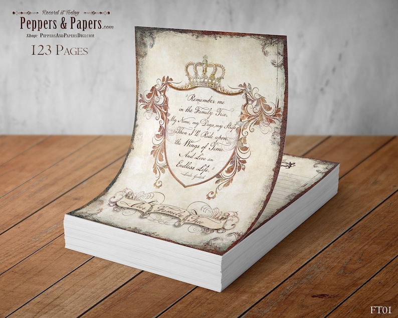 Family Tree Workbook, Ancestry Gift for Mom and Dad, 123 page Printable 8.5x11 Family Genealogy Forms FT01 Vintage Crest image 2