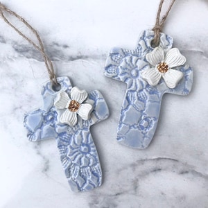 Magnolia Flower Cross Ornament in Violet, Stoneware Ceramic Pottery