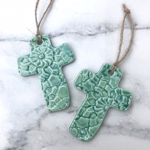 Lace Imprinted Cross Ornament in Sea Foam Green, Stoneware Ceramic Pottery