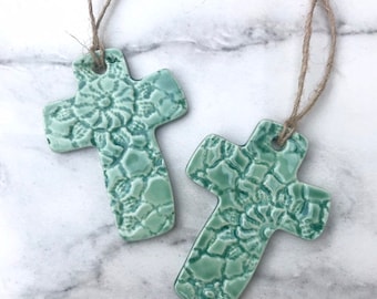 Lace Imprinted Cross Ornament in Sea Foam Green, Stoneware Ceramic Pottery