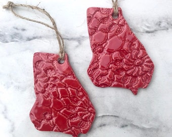 GA Georgia State Lace Ornament in Red, Stoneware Ceramic Pottery