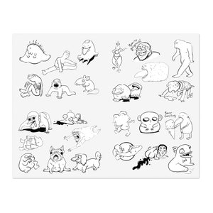 May include: A black and white illustration sheet with 18 different cartoon characters. The characters are all in various poses and expressions. Some of the characters have text bubbles with phrases like "Smile, guys!" and "Savour Everything".