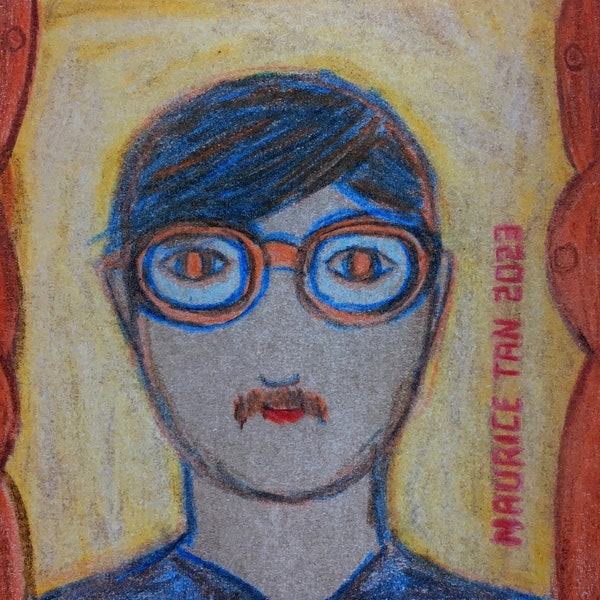Original Small Portrait Drawing Face Glasses Outsider Art Brut Weird Strange Colored Pencil Picture 4x6 Miniature Wall Decor Unframed
