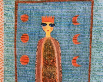 Artwork of King Crown Moon Original Art on Paper Drawing Outsider Art Brut Wall Decor Unique 9x12 Unframed Naive Art Blue Green