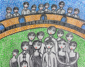 Bright Colorful Portrait Art Group Faces Original Drawing on Paper Outsider Art Brut Naive Art Colored Pencil Blue Green People Wall Decor