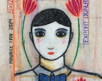 Portrait original Outsider Art Brut dessin au crayon de couleur