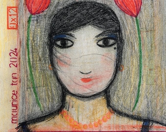 Outsider féminin portrait coloré Art Brut Original dessin au crayon de couleur oeuvre décoration murale 9 x 12