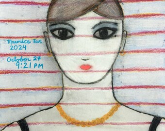 Portrait Drawing Female Face Colored Pencil Raw 9x12 Unframed Artwork Original