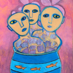 Outsider Art Brut Original Painting on Paper Unframed Artwork Portrait Faces 9x12 Unique Bright and Colorful