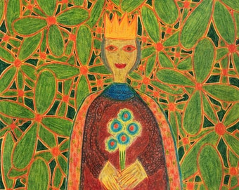 Outsider Art Brut Drawing Original King Crown Floral Colorful Wall Decor 9x12 Unframed Colored Pencil Unique One of a Kind