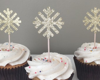 Winter Onderland Snowflake Gold Glitter Cupcake Topper, Gold Glitter Party Decorations, Frozen Themed Birthday Party Decorations
