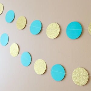 Turquoise, Gold Glitter Paper Garland, Turquoise Circle Garland.