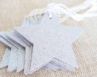 Silver Glitter Stars Gift Tags Set (12), Twinkle Twinkle Little Star Favor Tags,Party Gift Favors,Silver Glitter Stars, Goody Bag Tags