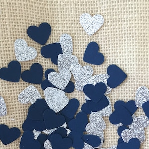 Marineblauwe en zilveren glitter hart confetti, bruiloftdecor, bruidsdouche, babyshower, marineblauwe decoraties, tafeldecor, uitnodigingsvuller