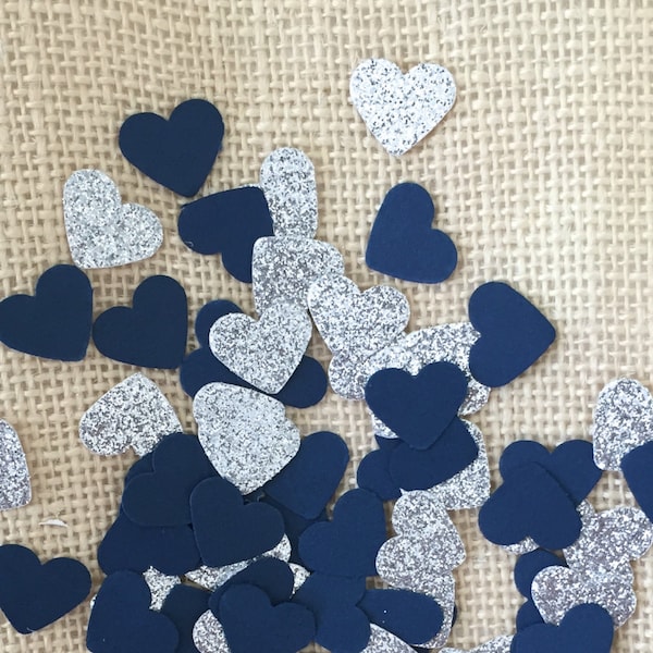 Navy and Silver Glitter Heart Confetti, Wedding Decor, Bridal Shower, Baby Shower, Navy Decorations, Table Decor, Invitation Stuffer