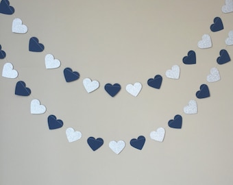 Navy and Silver Glitter Heart Garland, Valentine's Day Decor, Navy and Silver Decor, Bridal Shower Decor, Wedding Decor, Heart Garland