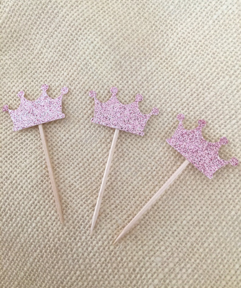 Pink Glitter Crown Cupcake Toppers Set 12princess Party Etsy