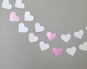 Valentine's Day Decoration, Pink Heart Garland, Wedding Decorations, Bridal Shower Banner, Glitter Hearts Garland, Paper Garland