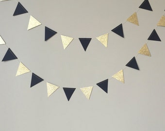 50th Birthday Party Decoration, Mini Black and Gold Glitter Triangle Garland, Paper Garland, Black and Gold Decor