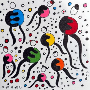 Op de afbeelding: Een abstracte illustratie met gestileerde figuren met zwarte lichamen en gebogen benen. De figuren hebben blauwe, roze, gele, groene, oranje en rode accenten. Kleine cirkels en gezichten zijn verspreid over de witte achtergrond. De handtekening van de kunstenaar, "N. Gribinski", staat linksonder.