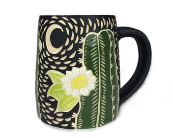 Dark Green Blooming Cacti Handmade Mug