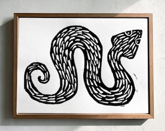 Vriendelijke slangenprint linosnede, originele blokprint