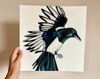 Magpie in Flight Original Watercolor Painting, Watercolor Bird Drawing