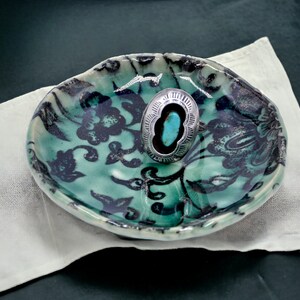 Turquoise Blue Floral Ring Dish, Ceramic Ring Dish