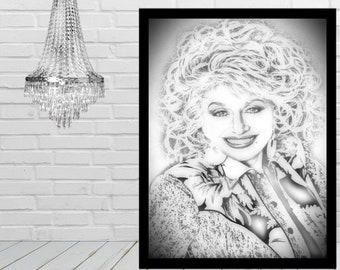 May include: Black and white pencil drawing of a woman with curly hair, wearing a patterned shirt. The drawing is framed in a black frame.